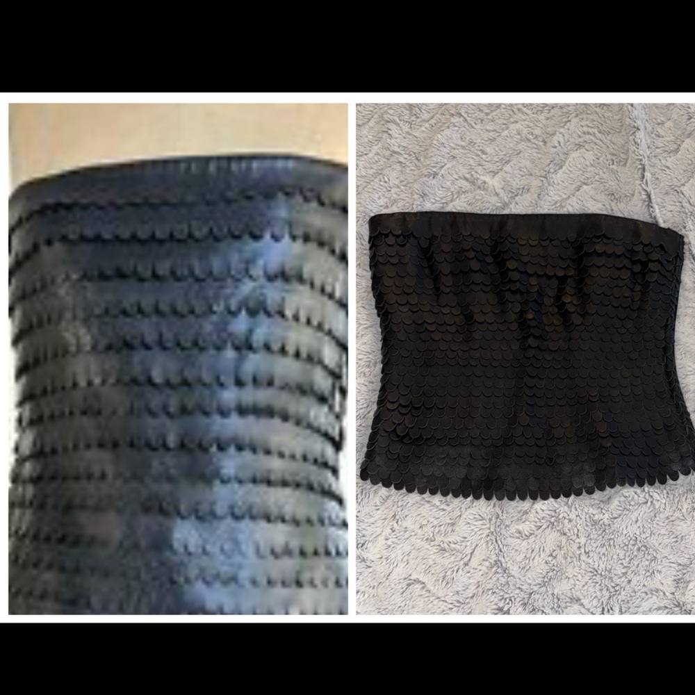 MAXAZRIA COLLECTION Chic Black Strapless Scalloped Top, real leather NWT.